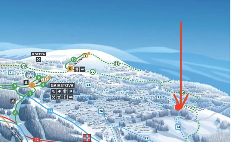 Løypekart for Hafjell med pil som viser hvor hytta ligger